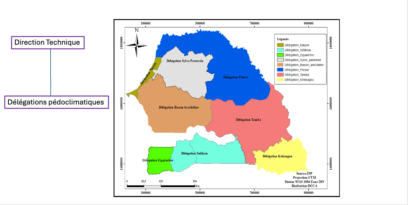 Carte des 8 délégations pédoclimatiques de l'INP au Sénégal (Niayes, Sylvo Pastorale, Fleuve, Bassin Arachidier, Tamba, Kédougou, Sédhiou, Ziguinchor)