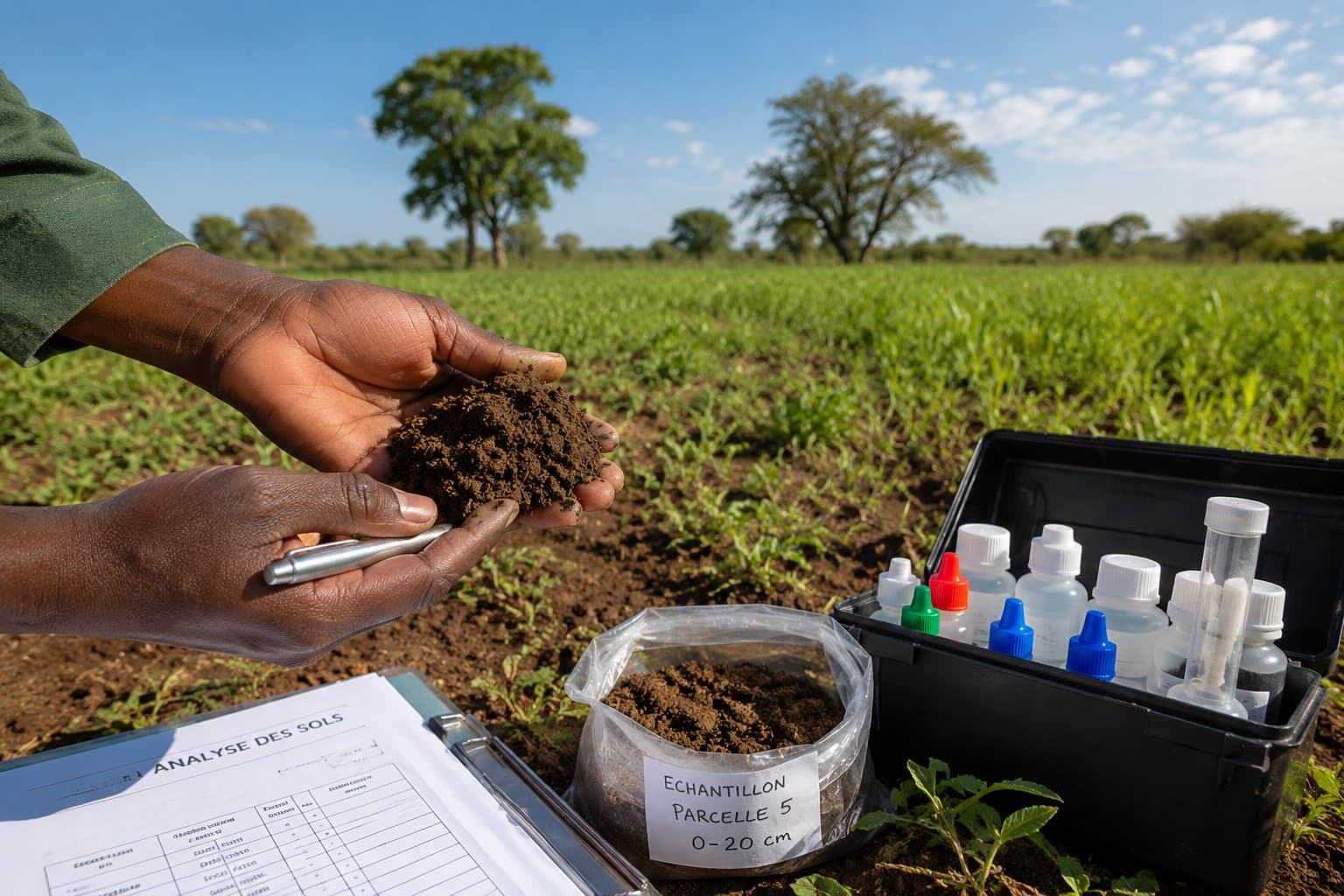 Prélèvement et analyse de la fertilité d'un échantillon de sol au champ