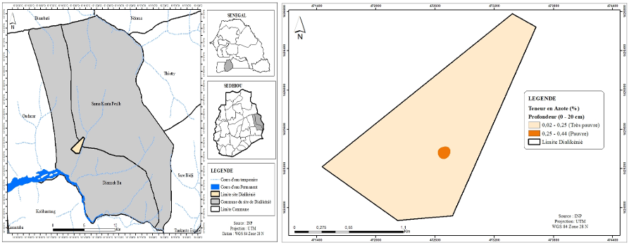 DCCA — Carte de localisation (site Dialikénié, Sédhiou) et carte monoparamétrique teneur en azote %